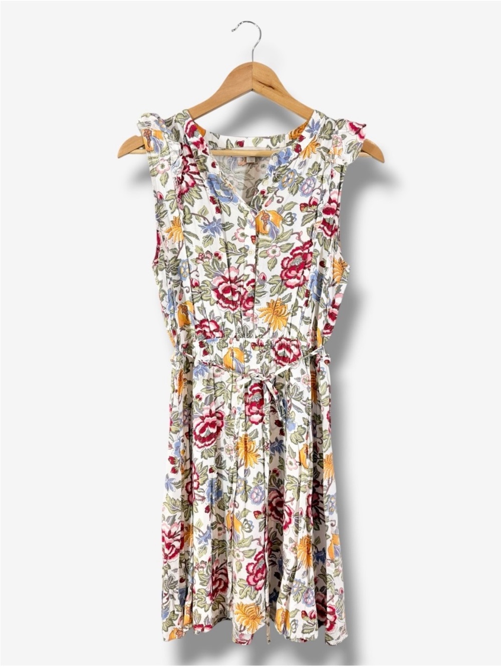 Loft Ivory Floral Fit & Flare Dress Size M Belted Tie Waist Flutter Sleeve